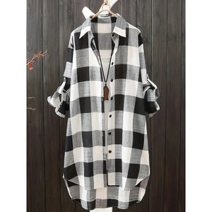 Women’s Black White Buffalo Plaid Long Shirt Tunic 3XL US 18 Roll Sleeve